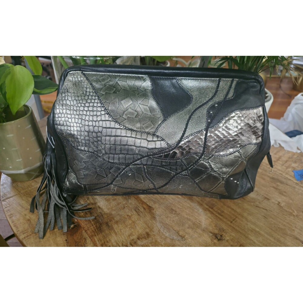 Clemente Vintage Black/Silver Metallic Patchwork Leather Zip Clutch Tassel Lined